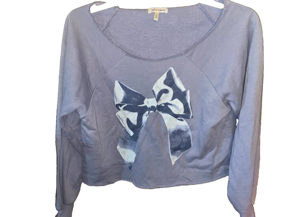 Self❤️Esteem Bow Graphic Off The Shoulder Cropped Sweatshirt Blue Purple Size S